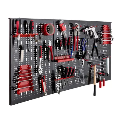 Produktbild von AREBOS Werkzeugwand 3-teilige Lochwand | 17-teiliges Hakenset & Halterungen | 117,6 x 59,5 x 2 cm | Werkzeuglochwand inkl. Montagematerial | Rot