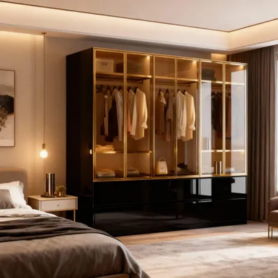 A bedroom scene with a large wardrobe.