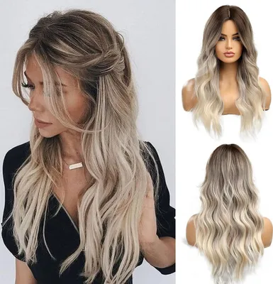 Produktbild von Lange Lockige Ombre Braun zu Blond Perücken für Frauen Synthetisches Haar Hitzebeständig Ombre Perücke für Tägliche Party Cosplay Verwendung