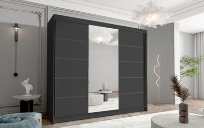 Schwebetürenschrank Netro VI 250 cm mit Spiegel - Groß Kleiderschrank, Schiebetürenschrank mit Kleiderstange und Einlegeboden, Schlafzimmerschrank, Schiebetüren, 250x215x58 cm (Schwarz)