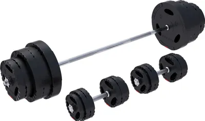 Produktbild von GORILLA SPORTS® Hantelset - 130kg, Langhantelstange 170cm, 2 Kurzhanteln, 30mm, 20 Hantelscheiben aus Kunststoff, mit Sternverschlüssen - Langhantel
