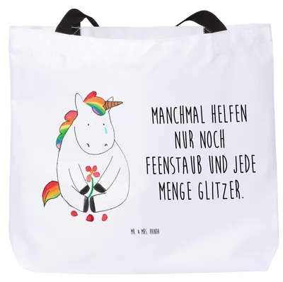 Produktbild von Mr. & Mrs. Panda Schultasche Einhorn Traurig - Weiß - Geschenk, Freunde, Unicorn, Einkaufstasche, Trauer, Tote Bag, Laptoptasche, Tasche, Einhörner, Blume, Liebe