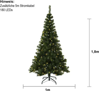 A decorated Christmas tree with lights on a white background, with dimensions indicated.