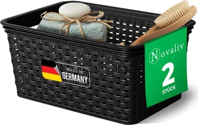 Produktbild von Novaliv 2 Stück Eleganter Aufbewahrungskorb in Rattan-Optik | Schwarz Kunststoff 5L – Perfekt für Bad & Kleidungsaufbewahrung. Aufbewahrungsbox Badezimmer Körbchen Bad Organizer Korb Ordnungsbox