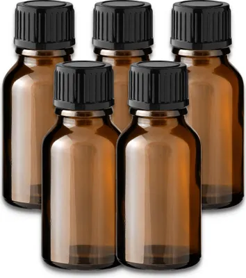 Produktbild von 5x Glasflasche Braun 15 ml mit schwarzem Kunststoff Schraubverschluss