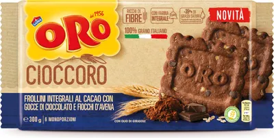 Produktbild von Oro Saiwa Cruscoro Frollino Integrale al cacao con gocce di cioccolato Vollkornkekse mit Kakao und Schokoladenstückchen biscuits cookies