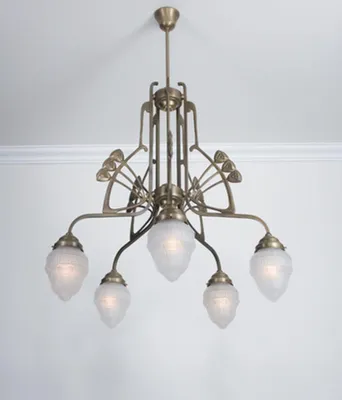 Produktbild von Hängelampe Echt-Messing Glas H: max. 136 cm in Berliner Messing Weiß matt E27 Jugendstil