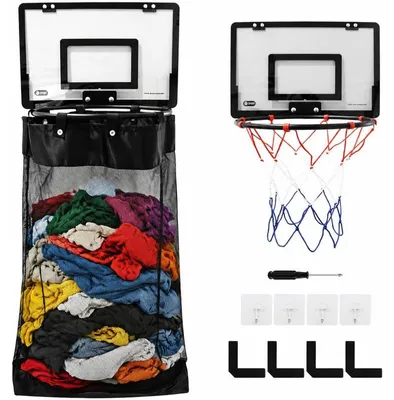 Produktbild von Basketball Wäschekorb, hängender Wäschesammler für die Tür, 40 x 26 cm Acryl-Rückwand, schwarzer Wäschesack, platzsparend