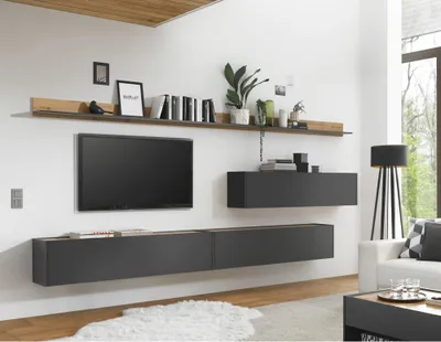 Produktbild von Hängende TV Wohnwand CRISP-61 in anthrazit mit Absetzungen in Wotan Eiche Nb., B/H/T: ca. 340/180/30 cm