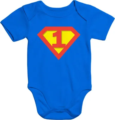 Produktbild von Kurzarm Baby-Body mit Aufdruck erster Geburtstag eins 1 Jahr Superheld Baumwolle Moonworks® blau 0-3 Monate