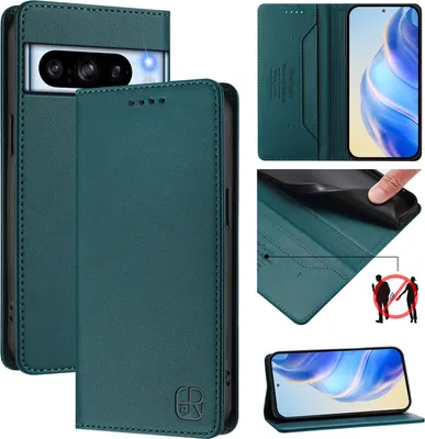Produktbild von Lederhülle für Google Pixel 8 Pro Hülle Flip Brieftasche Kartenfächern Ständer Schutzhülle Dunkelgrün