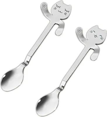 Produktbild von 2er Set Kaffeelöffel mit Katzenköpfchen und -pfötchen als Randhalter Kaffee Löffel Kätzchen Design Teelöffel Katze Edelstahl Poliert