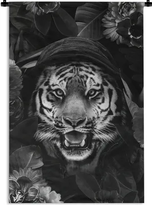 Produktbild von MuchoWow® Wandteppich Wandbehang Tiger mit Kapuze und Blumen - schwarz und weiß 60x90 cm Tapisserie Dekoration Wandtuch - Foto-Teppich - Abwaschbar