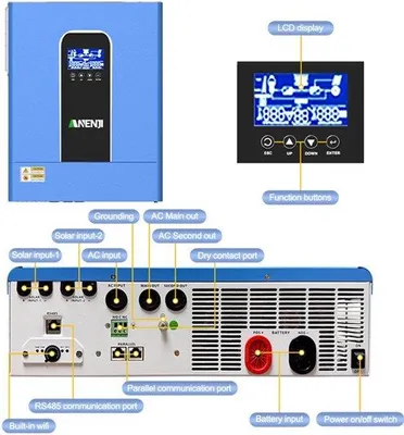 Imagen del producto de Inversor híbrido de 33 kW, 48 V, trifásico - Controlador solar MPPT de onda sinusoidal pura - Para sistemas autónomos y conectados a la red - Con conexión WiFi