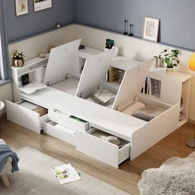 Image de okwish Canapé-lit de jour 90x200 cm avec sommier à lattes et tiroirs, lit enfant ou adolescent en bois avec étagère et armoire de rangement – blanc (sans matelas)