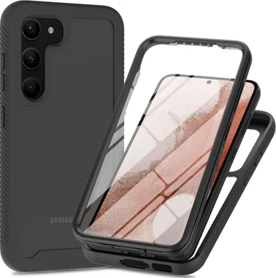A disassembled phone case is shown with the phone inside, highlighting its protective features.