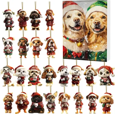 Produktbild von Weihnachts-Adventskalender mit Hund, 24 Tage, Acryl-Hängeornamente, festliche Anhänger, Countdown-Dekorationen