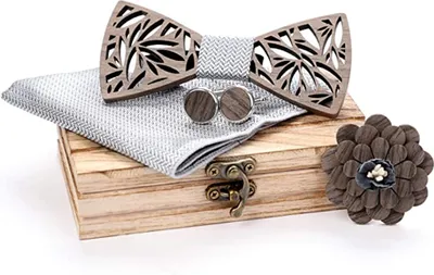Produktbild von Klassische handgefertigte Herren-Fliege aus Holz mit Schleife und Manschettenknöpfen aus Holz, Corsage, quadratisches Schal-Set