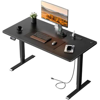 Zdjęcie produktu dla Stół biurkowy elektrycznie regulowany na wysokość - biurko do pracy siedzącej i stojącej - wbudowane gniazdka i porty USB - panel sterowania z pamięcią ustawień - system zarządzania kablami - 140 cm - kolor czarny