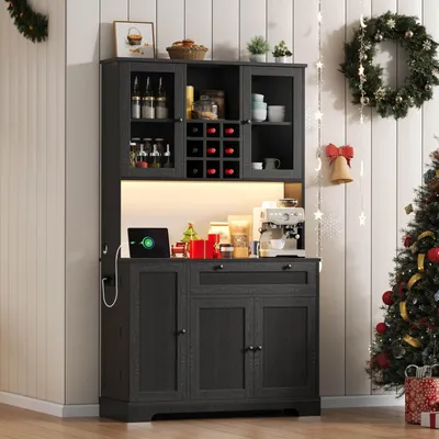 Image de Armoire de cuisine haute, 180 cm, avec éclairage LED, prise électrique, étagère à vin, tiroirs, porte en verre, noire