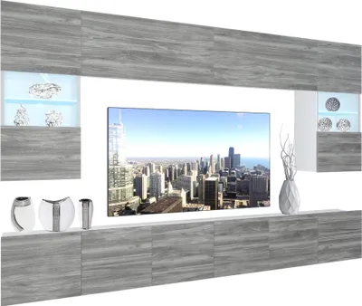 Produktbild von BELINI Wohnwand Vollausstattung Wohnzimmer-Set Moderne Schrankwand mit LED-Beleuchtung Weiß Glänzend Anbauwand TV-Schrank Glamour Holz Matt