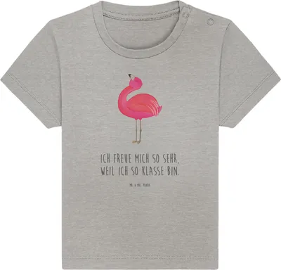 Produktbild von Mr. & Mrs. Panda Organic Baby Shirt Flamingo Stolz 12. - 18. Monat - Heather Grey - Geschenk, T-Shirt, Kinder Oberteil, Baumwollshirt, Babyshirt, Mama, Freundin, Top,