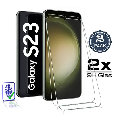 A Samsung Galaxy S23 phone and two screen protectors are displayed against a white background, with marketing text and icons.