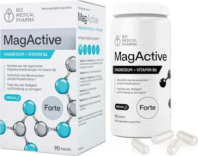A product box and bottle of MagActive Magnesium + Vitamin B6 supplements are displayed side-by-side against a white background.