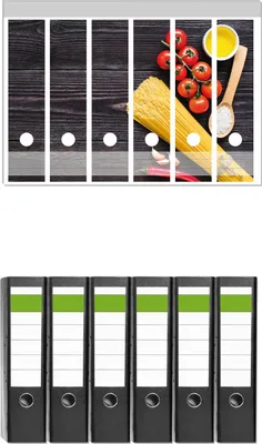 Produktbild von Wallario 6 Stück breite Ordner inkl. Klebeetiketten mit Motive Italienisches Menü mit Spaghetti, Tomaten, Salz und Chilischoten -  Set mit Rückenschildern / Ordnerrücken Stickern
