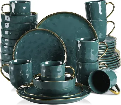 Image de Service de table en faïence, LOVECASA SWEET 32 pcs. Service combiné, Service de table, Vaisselle pour 8 personnes, Assiettes plates, Tasses, Assiettes à dessert et Bols