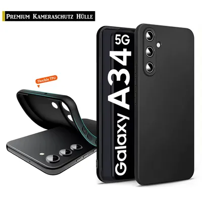 A black phone case is shown with a phone inside, highlighting its camera protection and flexibility.