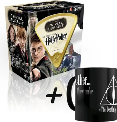 Produktbild von Trivial Pursuit Harry Potter Gesellschaftsspiel + Zaubertasse Tasse "Deathly Hallows"