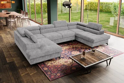Produktbild von MargaretHadas24 Rohová pohovka v tvare U Palermo s funkciou spania Úložný priestor na lôžkoviny 345x202cm Veľká pohovka Gauč Nastaviteľné opierky hlavy Pohovka XXL, 5 miestna svetlo sivá