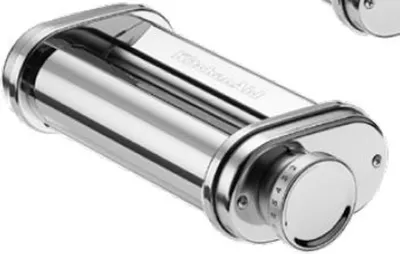 A close-up studio shot of a KitchenAid pasta roller attachment.