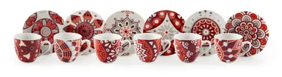 Zdjęcie produktu dla Zestaw 6 filiżanek do espresso z podstawkami, wzór Mandala, czerwona porcelana, pojemność 10 cl