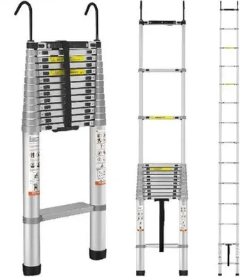 Image de Échelle télescopique en aluminium de 4,57 mètres - Facile à ranger - Capacité de charge de 190 kg - Patins antidérapants - Réglable en hauteur - Idéale pour les professionnels et les particuliers