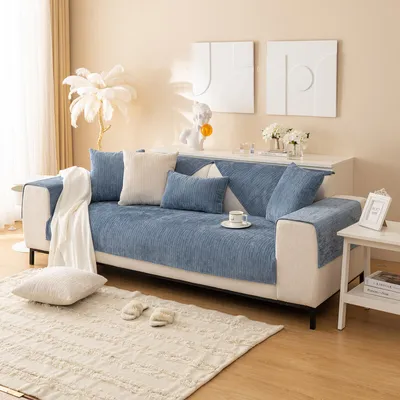 Obrázek produktu pro (modrá, 70 * 150 cm) Měkký žinylkový potah na pohovku, jednobarevný, pruhovaná tkanina, strukturovaný střih potahu na pohovku, pratelný, protiskluzový potah na pohovku pro psy, domácí zvířata, 1 kus / ne všechny sady