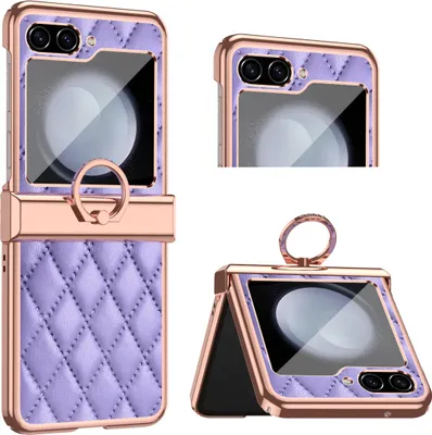 Produktbild von Luxus Leder Muster Galvanik Handyhülle für Samsung Galaxy Z Flip 5 mit Ringhalterung und Scharnierschutz Lila