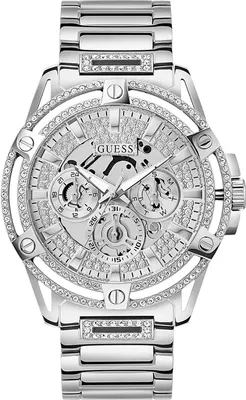 A silver Guess watch with a white dial and crystal embellishments on a white background.