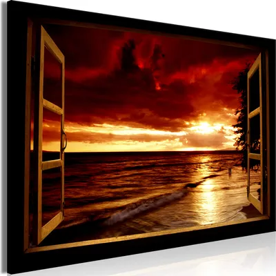 Produktbild von Modernes Wandbild Fensterblick 120x80 - 1 Teile Bilder Fotografie auf Vlies Leinwand Foto Bild Dekoration Wand Bilder Kunstdruck Strand Meer Natur c-C-0380-b-a