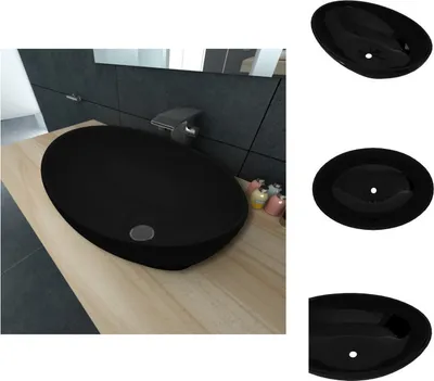 A collage of images showing a black oval ceramic sink from different angles, including a lifestyle shot in a bathroom setting.