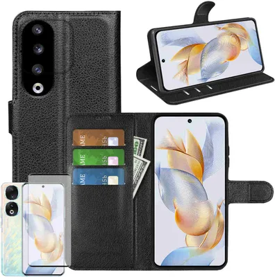 Image de Étui pour téléphone Honor 90 Pro 5G - Noir - Étui en simili cuir + verre de protection incurvé H9