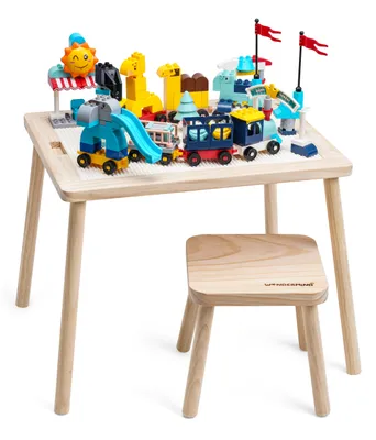 Produktbild von WonderMind® Montessori Kindertisch-Set aus Holz (DUPLO und LEGO kompatibel) im Set inkl. Hocker, Bauklötze & Schreibset