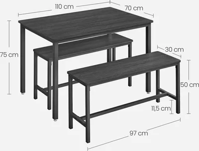 Produktbild von VASAGLE Esstisch, Küchentisch-Set mit 2 Bänken, 3er-Set, 110 x 70 x 75 cm, Aschschwarz-Tintenschwarz
