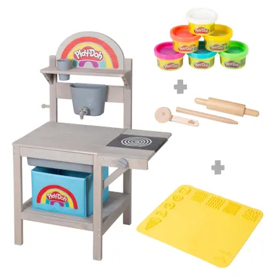 Produktbild von roba x Play-Doh Spielküche aus Holz - Inkl. 3D-Kreativmatte, 6 Knetdosen, Werkzeugen, Aufbewahrungsbox & Spielwanne - Ideal für Indoor & Outdoor