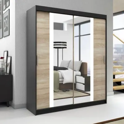 Productafbeelding van Schuifdeurenkast, 2 deuren. Moderne garderobe voor kleding. Verschillende kleuren (wit, zwart, sonoma). Kleerkast BRUNI, 160 cm