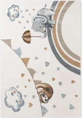 A children's rug with cartoon animals and a rainbow.