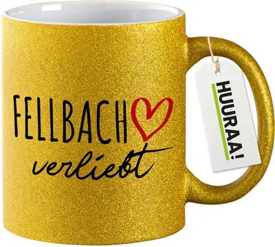 Produktbild von Huuraa Glitzertasse Fellbach verliebt 330ml Gold Keramik Kaffeebecher Geschenkidee