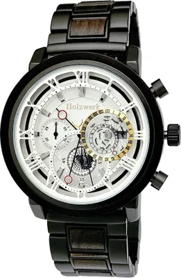 Produktbild von Holzwerk BRUCHSAL Herren Edelstahl & Holz Chronograph Uhr mit Datum schwarz weiß
