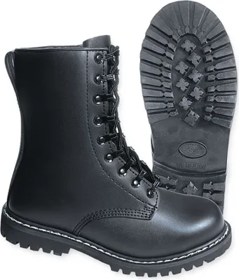 A pair of black leather boots shown from the side and the sole of one boot is shown separately.